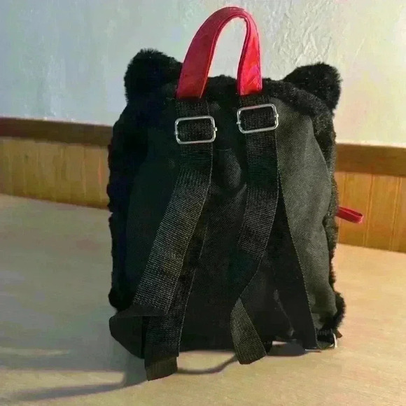 Furry Black Cat Mini Backpack w/ Pink Front Pocket - Picture 3 of 5